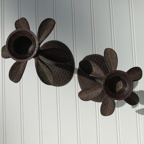 Cast Iron Palm Tree Candlesticks Taper Candle Holders Bronze Coastal Vintage - Picture 3 of 12